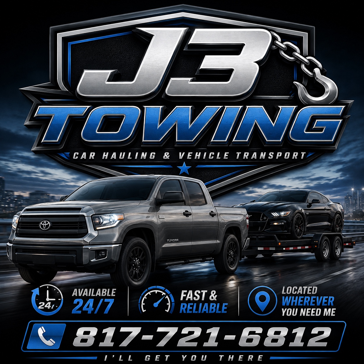 J3 Towing truck and car-hauling trailer